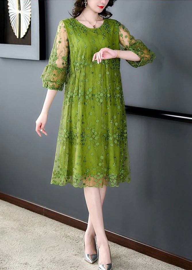 Chic Neck Embroidered Patchwork Tulle Midi Dress