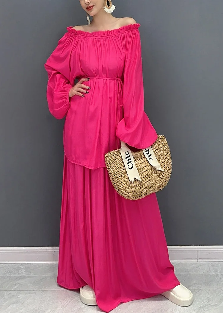 Women's French Black Slant Neck Ruffle Two Piece Set Lantern Sleeve Spring Summer