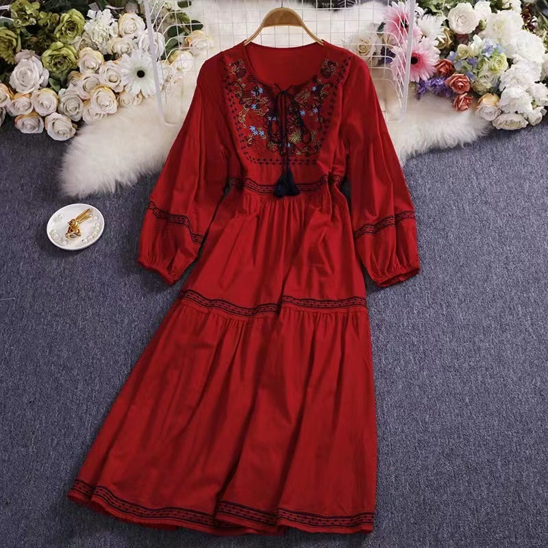 Bohemian Tie Embroidered Sun Screen Long Sleeve Patchwork Dress