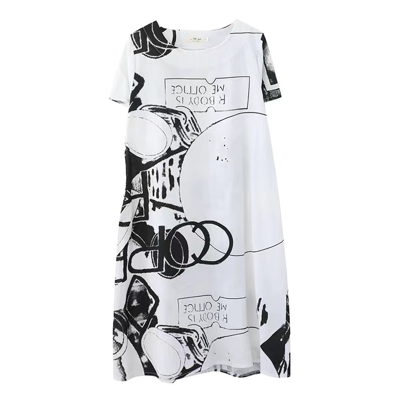 Elegant Printed Linen Short Sleeve Straight Dress