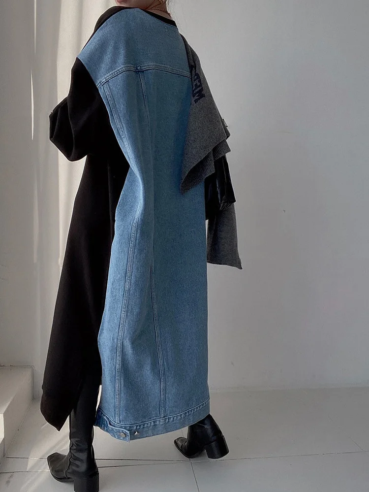 Women's Big Size Fashion Letter Printed Denim Patchwork Long Sleeve Sweatshirt Dress Spring