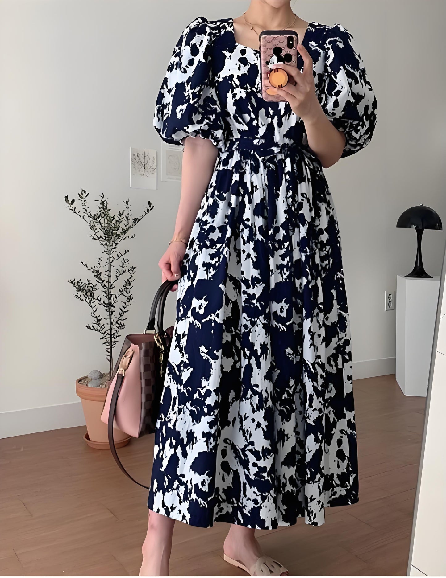Women's Italian Blue Tie Waist Cotton Long Dress Square Neck Bubble Sleeve Spring