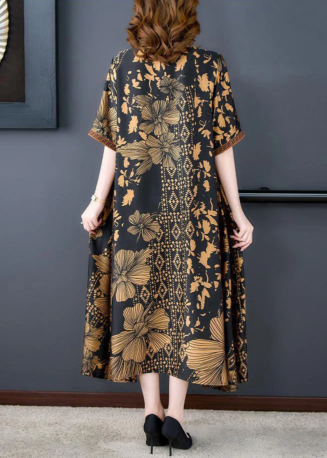 Women's Plus Size Black V-Neck Printed Oversized Hem Silk Dress