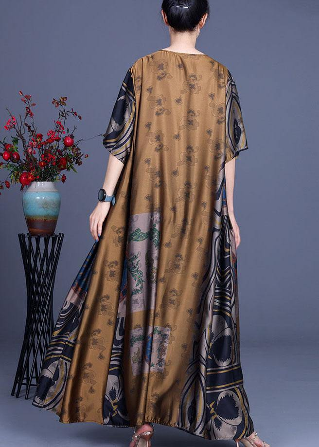 French Printed Silk O-Neck Long Dress