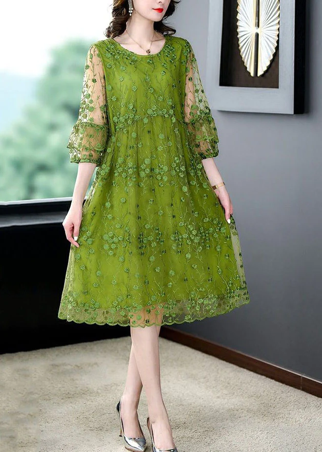 Chic Neck Embroidered Patchwork Tulle Midi Dress