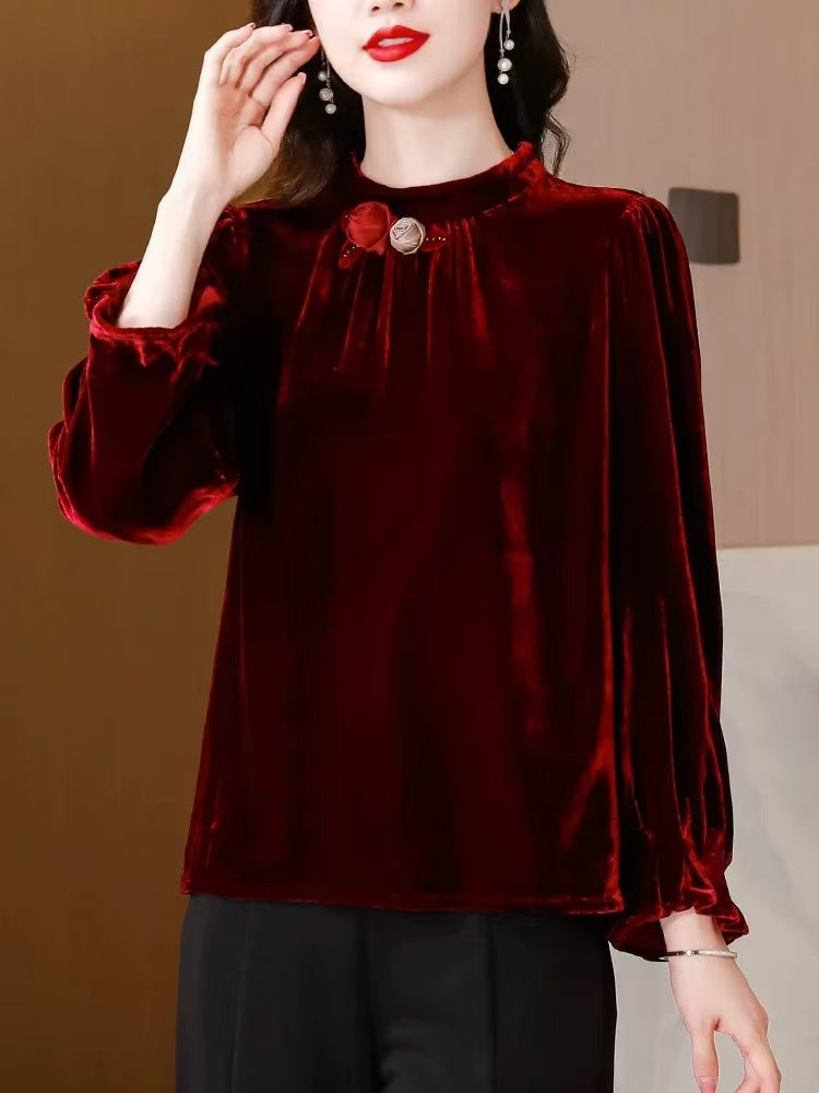 Women's Loose Gingham Floral Long Sleeve Top