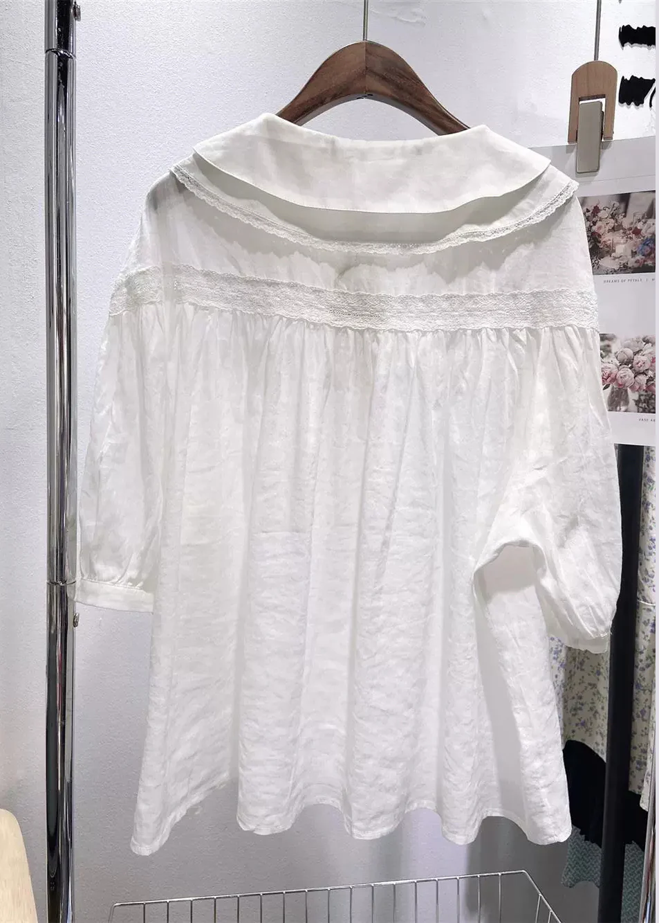 Oversized Peter Pan Collar Lace Cotton Short Sleeve Shirt