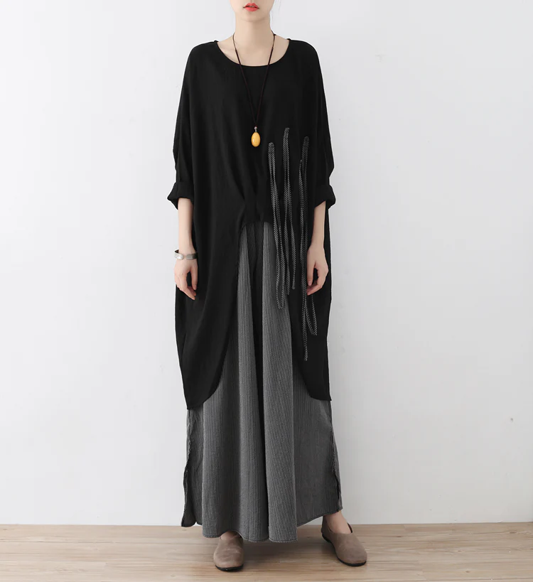 Black Fringed Cotton Blouse Oversized Women's Tops