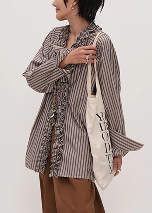 Striped V-neck ruffled cotton shirt
