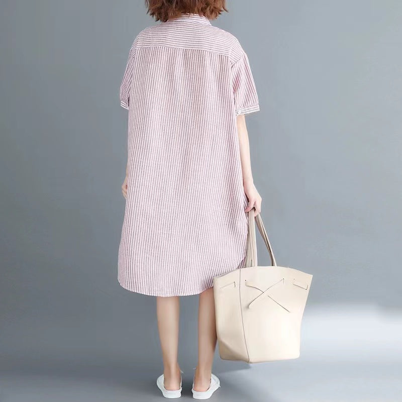 Chic Collar Button Down Short Sleeve Striped Dress