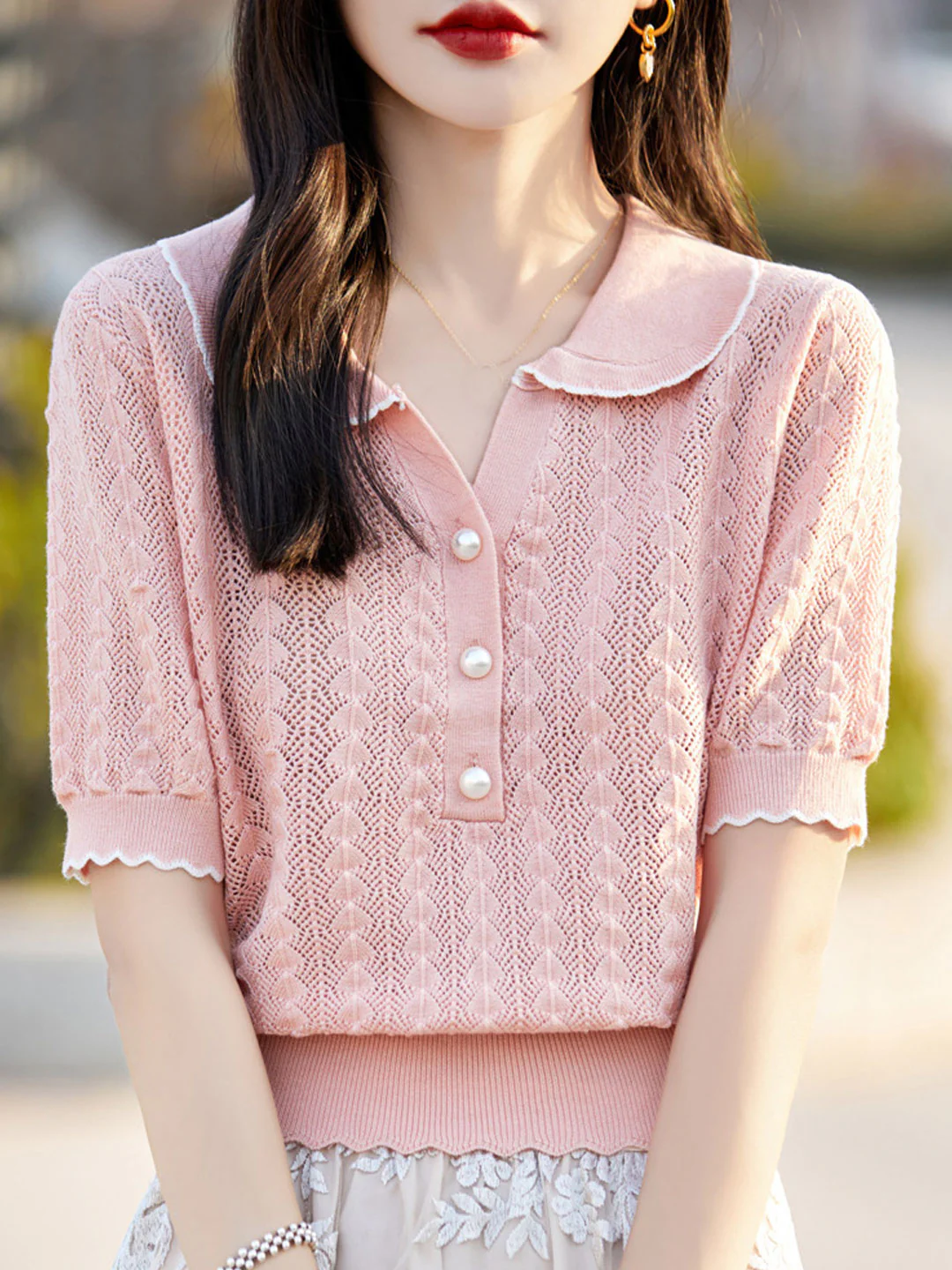 Elegant Lapel Skeleton Knit Short Sleeve Shirt Top