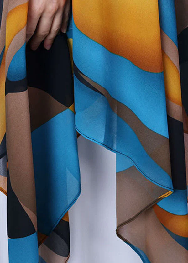 Blue Asymmetric Design Printed Chiffon Top Bat Sleeve