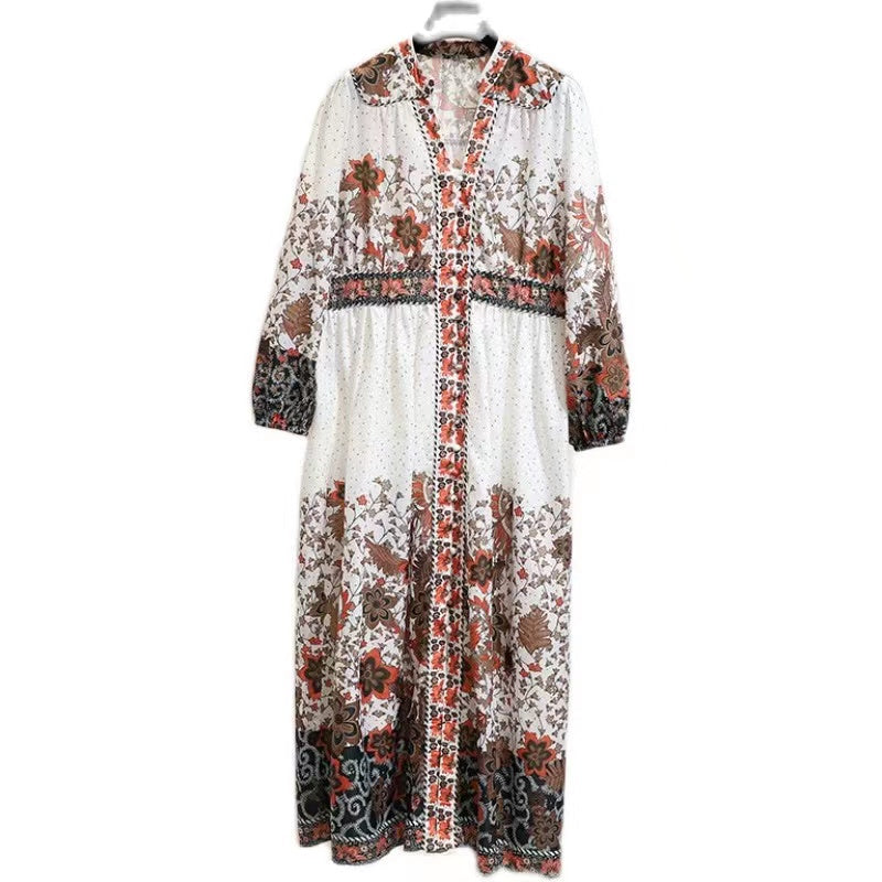 Elegant Round Neck Printed Long Sleeve Long Dresses