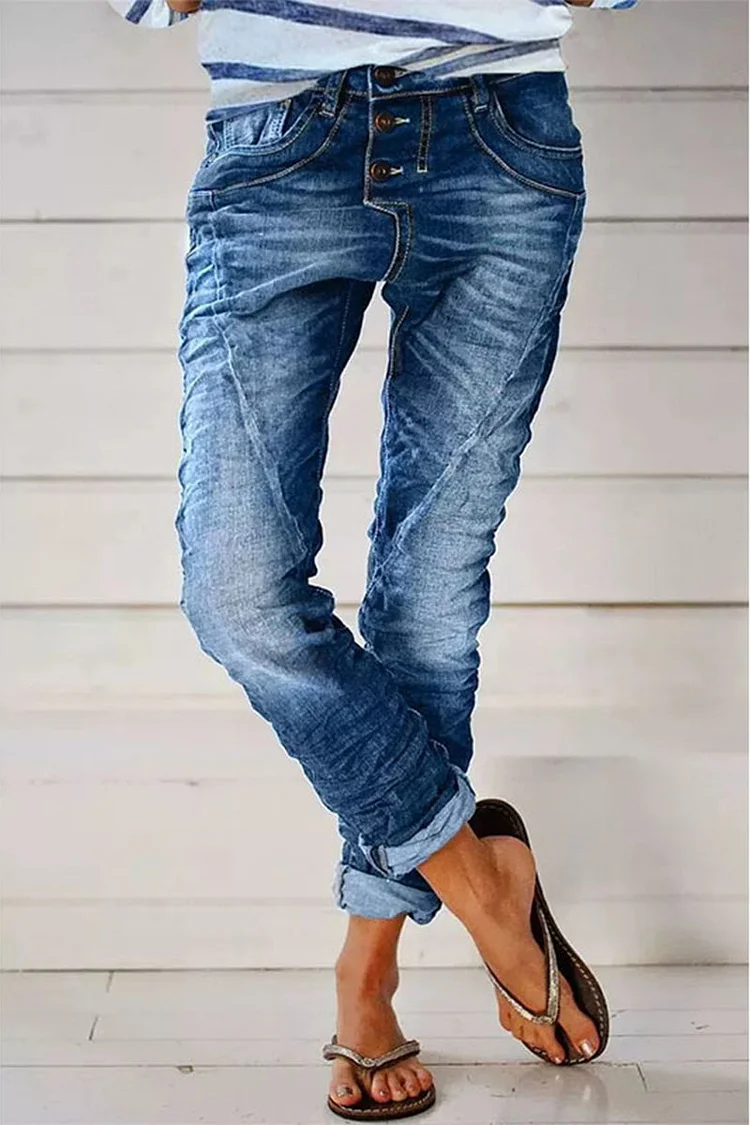 Organic denim street solid color distressed quilted high waisted jeans