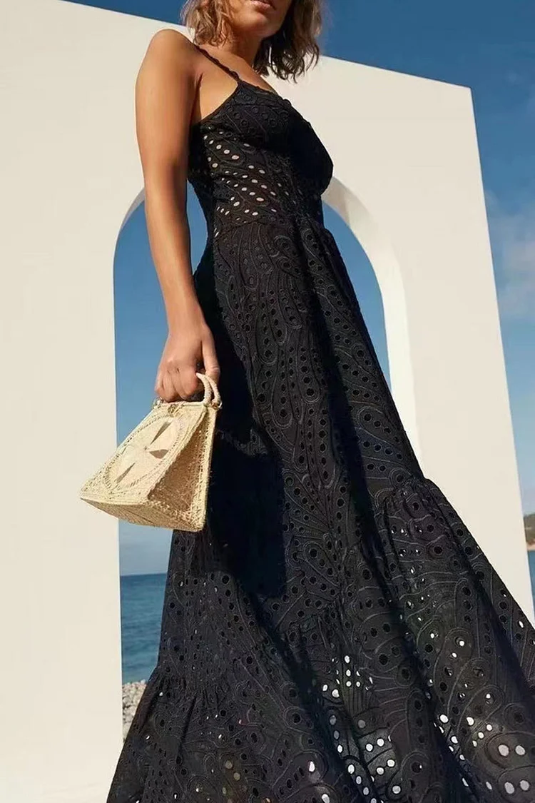 Italian Women's Elegant Solid Color Hollow Splicing Halter Dress Spring Summer