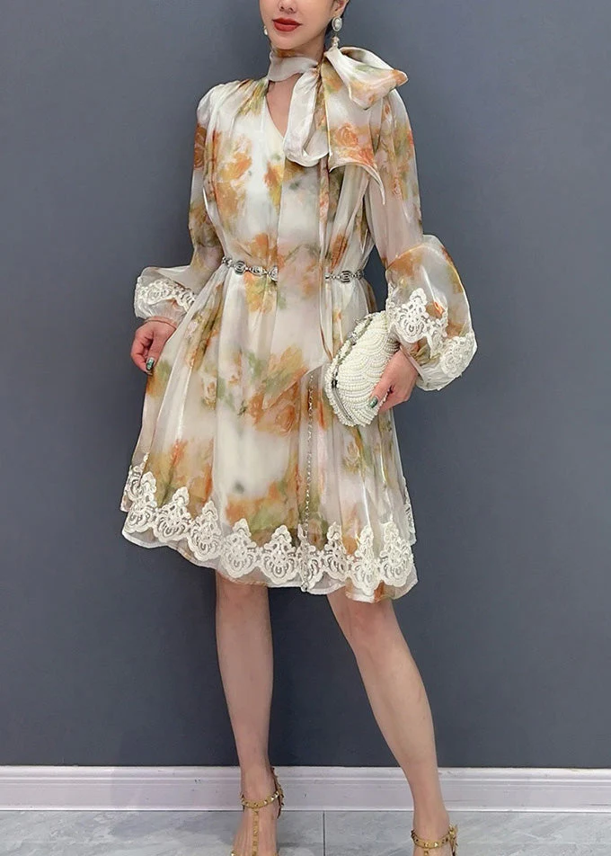 Women's Italian Fashion Printed Lace-Up Mid-Length Sleeve Dress