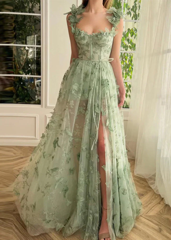 Women's Party Green Butterfly Side Split Tulle Sleeveless Long Dresses