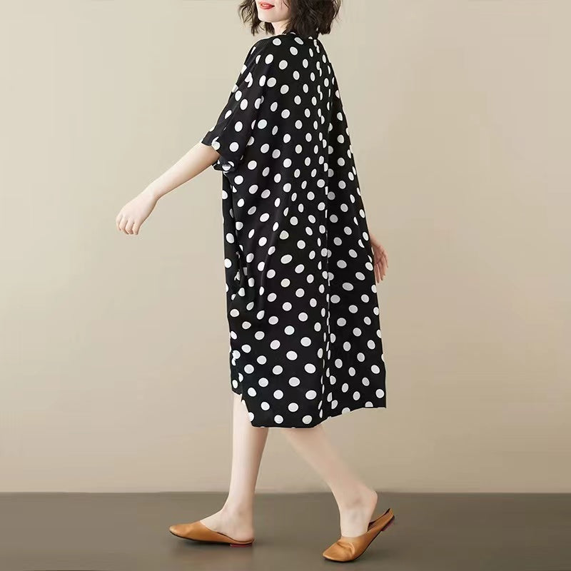 Loose V-Neck Printed Black and White Polka Dot Short Sleeve Dress