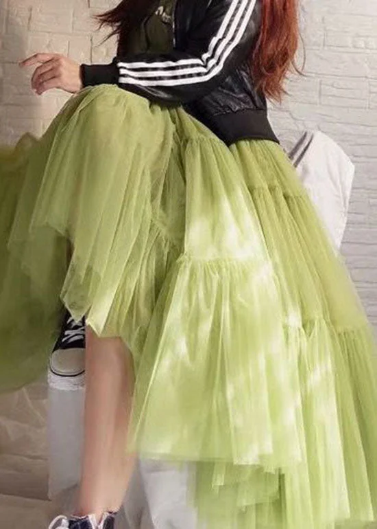 Women's Green Wrinkled Patchwork Tulle Skirt Spring Summer