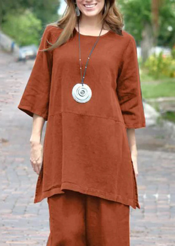 Caramel-colored round-neck side-opening cardigan and cropped pants two-piece set