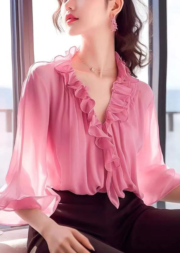 Women's Pink V-Neck Ruffle Trim Chiffon Blouse Hands