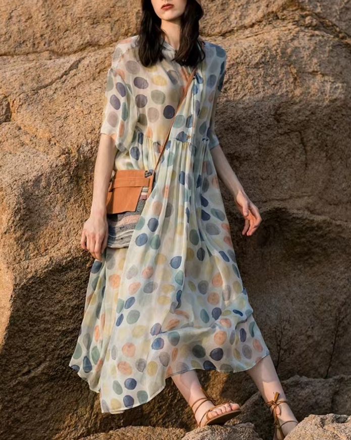 Italian Fabric Printed Cotton Short Sleeve Long Dress
