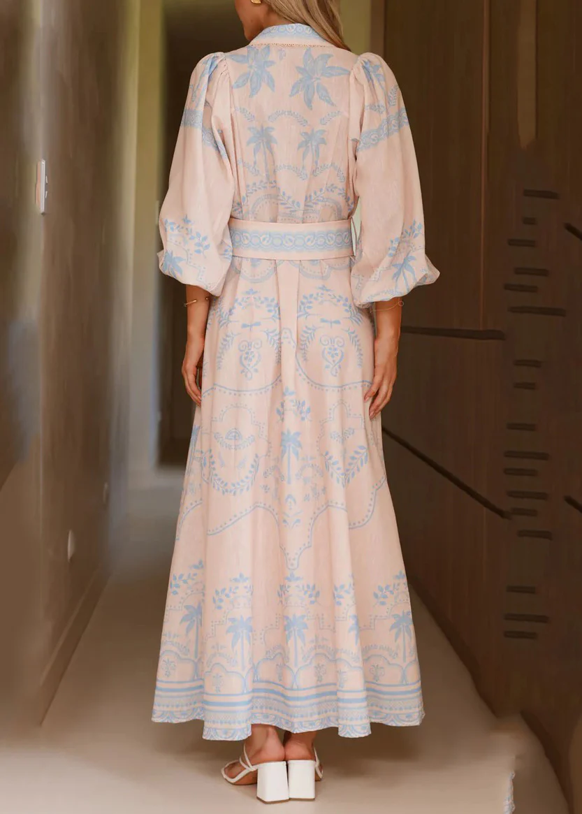 Blue Printed Lantern Sleeve Long Dress