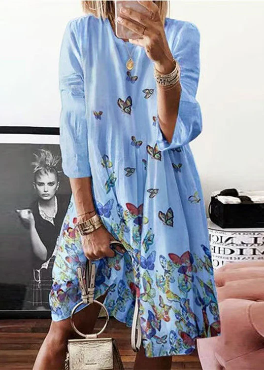Bohemian Blue O Neck Butterfly Print Cotton Midi Dress Short Sleeve Travel