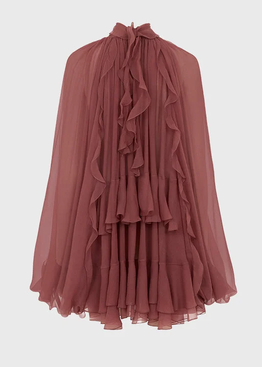 Women's Bohemian Brick Red Ruffle Patchwork Chiffon Blouse Top