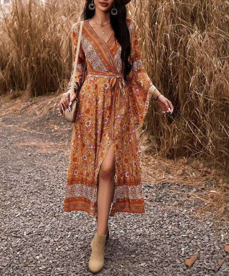 Casual V-Neck Printed Tie Long Sleeve Dress