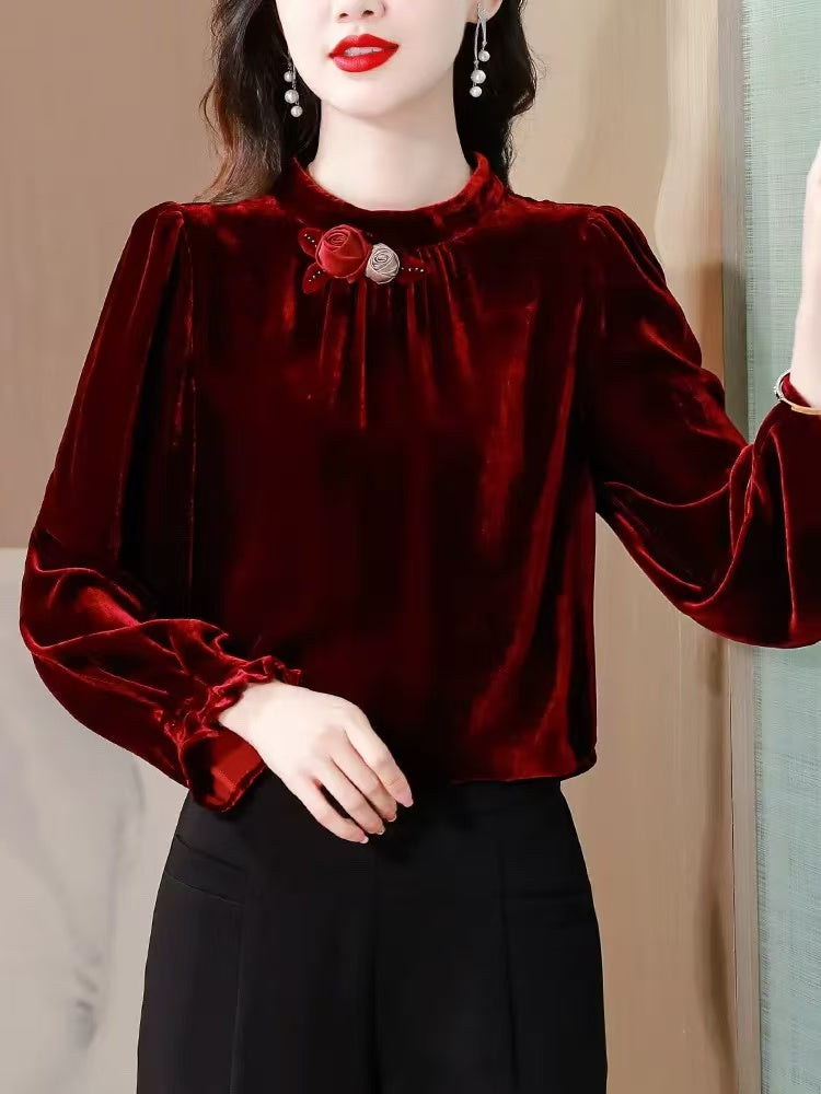 Women's Loose Gingham Floral Long Sleeve Top
