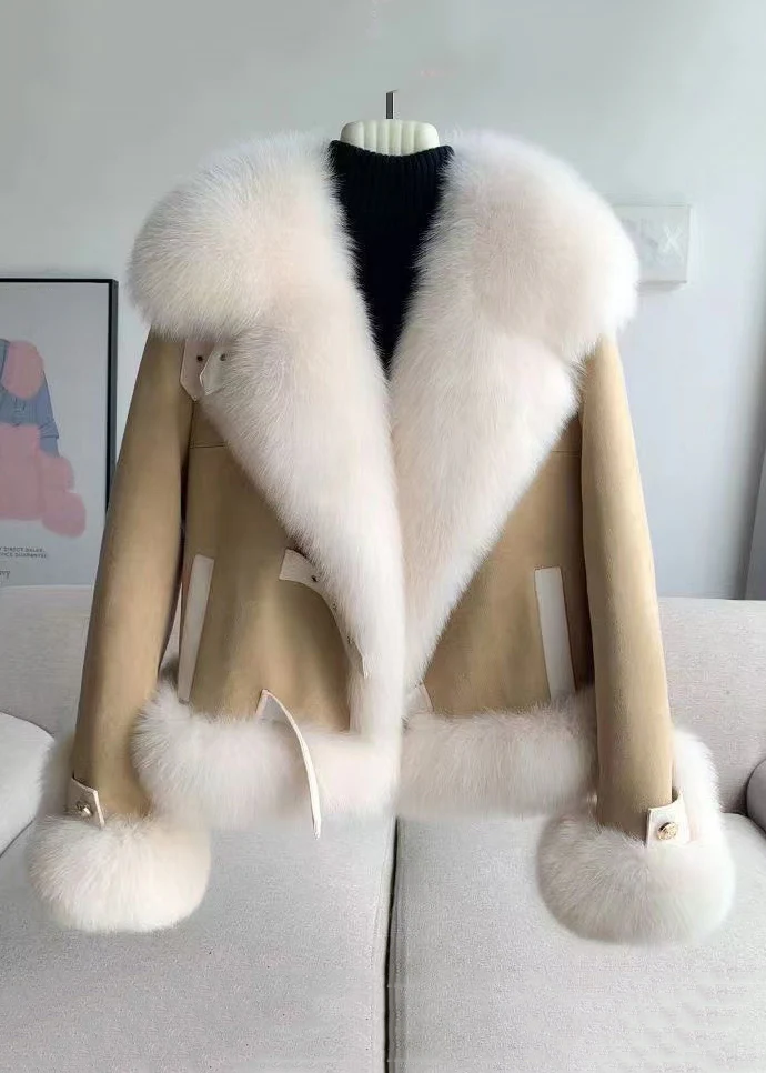 Women's Beige Hair Collar Patchwork Coat Winter