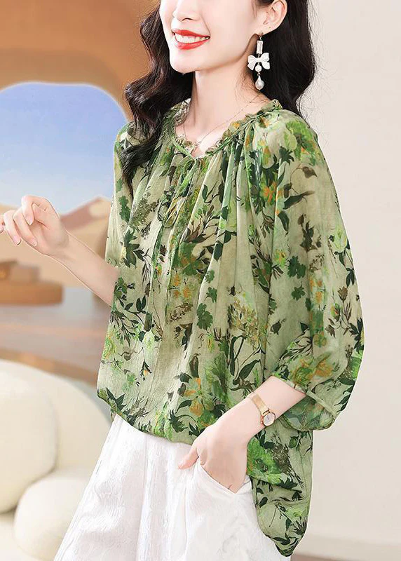 Elegant Ruffle Tie Print Short Sleeve Shirt