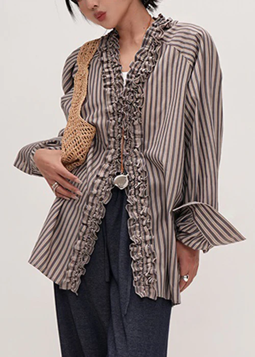 Striped V-neck ruffled cotton shirt