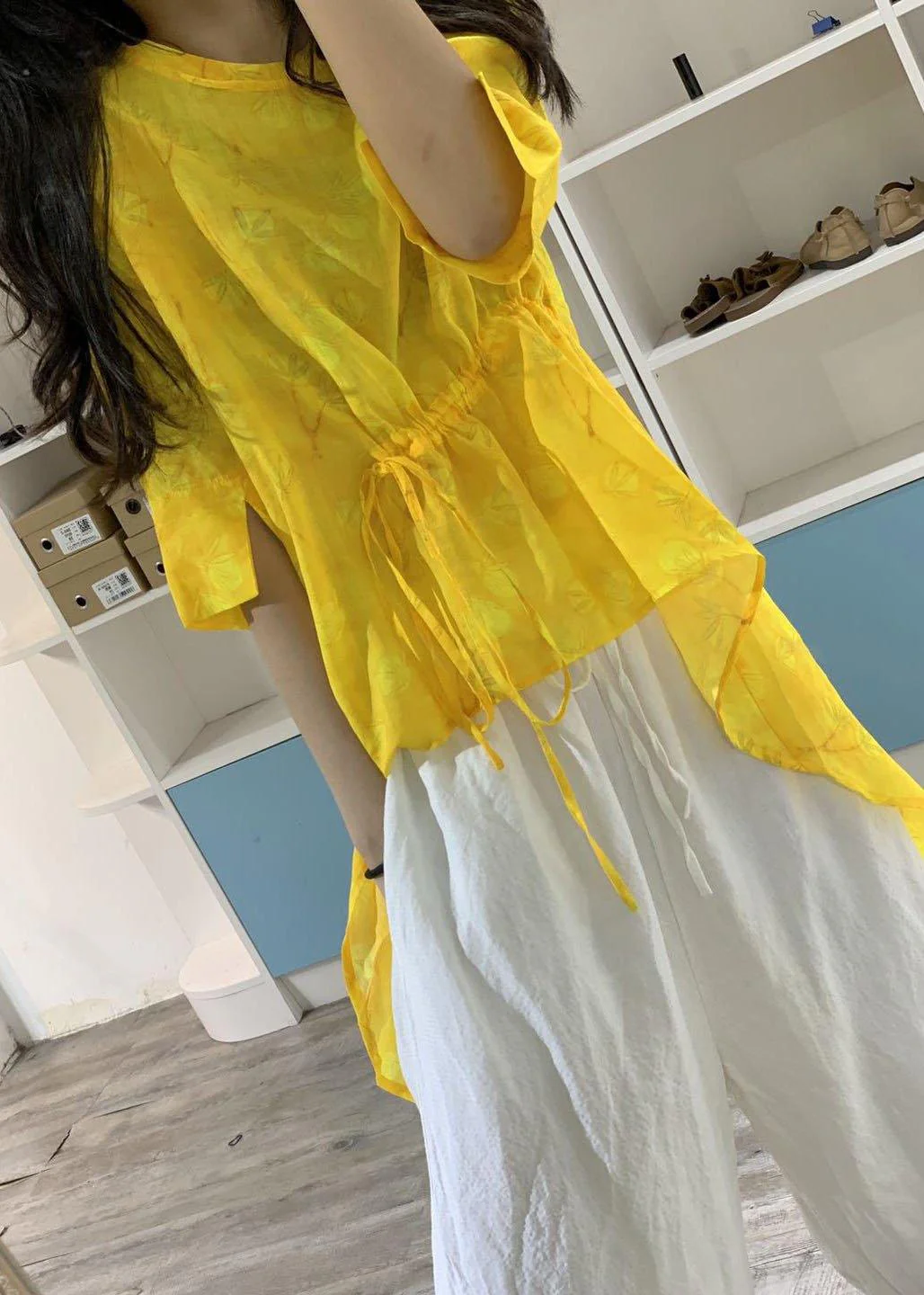Women's Yellow Linen Long Shirt Low High Design Box Shirt