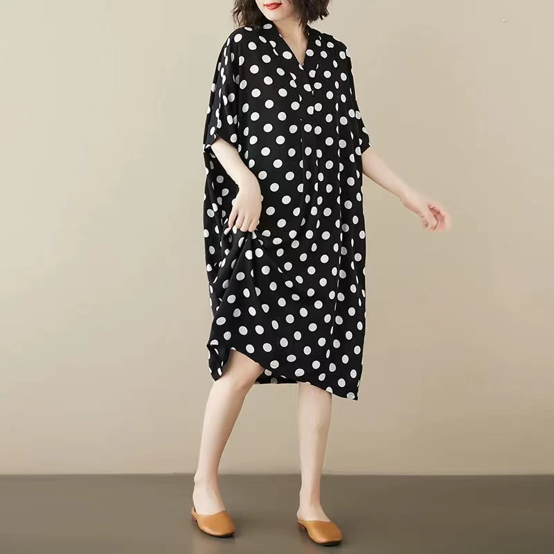 Loose V-Neck Printed Black and White Polka Dot Short Sleeve Dress