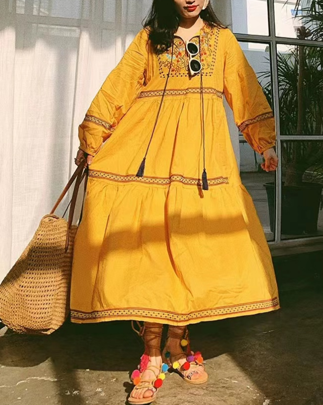 Bohemian Tie Embroidered Sun Screen Long Sleeve Patchwork Dress