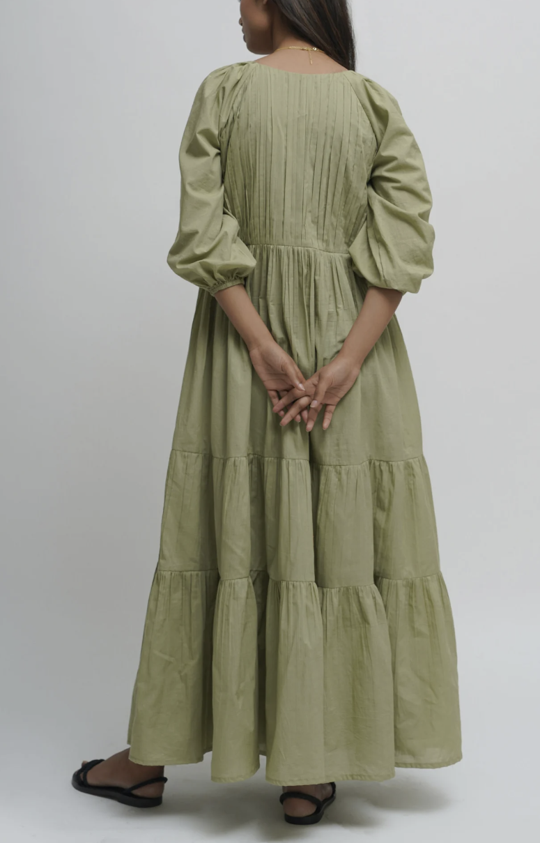 Beach Organic Cotton Pleated Maxi Dress, Green Layered Dress, Boho Corset Tunic with Pockets, Comfortable Loose Fit, Plus Size