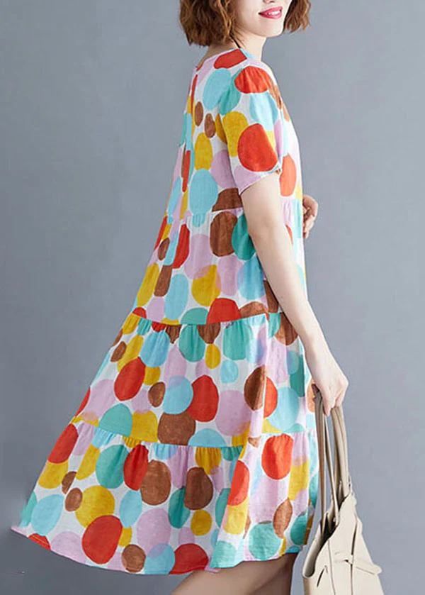 Women's O-neck polka dot printed cotton pleated dress