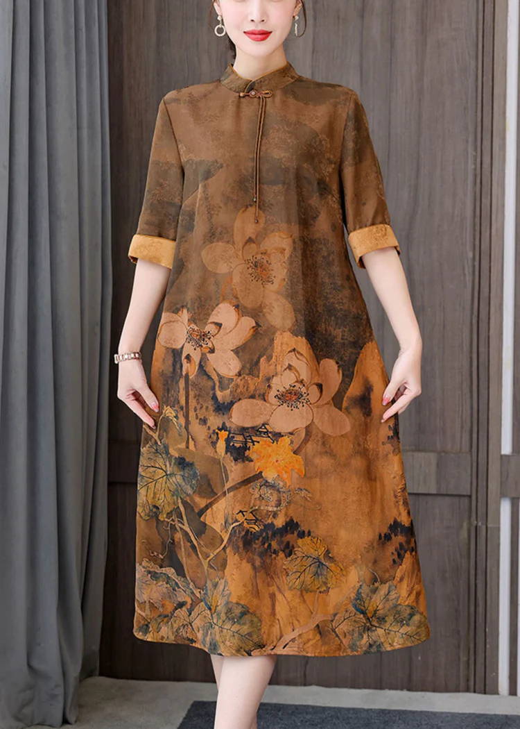 Fashion Printed Silk Long Dress Chinese Neck Zipper Short Sleeve
