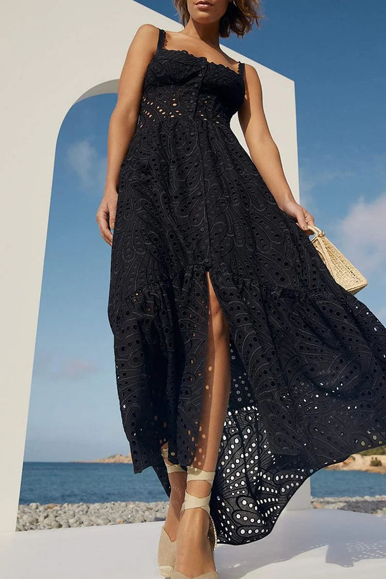 Italian Women's Elegant Solid Color Hollow Splicing Halter Dress Spring Summer