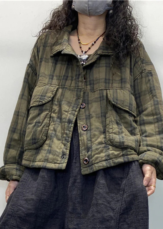 Plaid Button Patchwork Padded Cotton Coat Long Sleeve