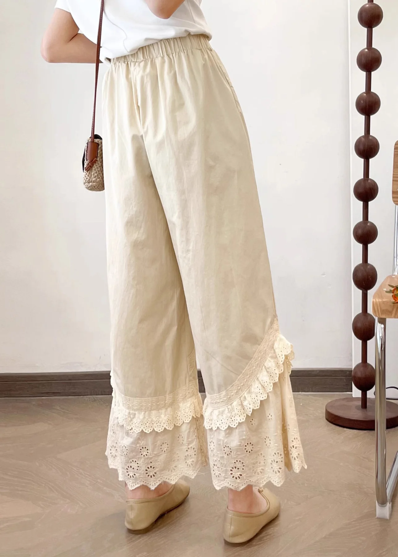 New Apricot Lace Patchwork Wide Leg Pants