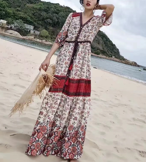 Bohemian Printed Patchwork V-Neck Cardigan Short Sleeve Dress