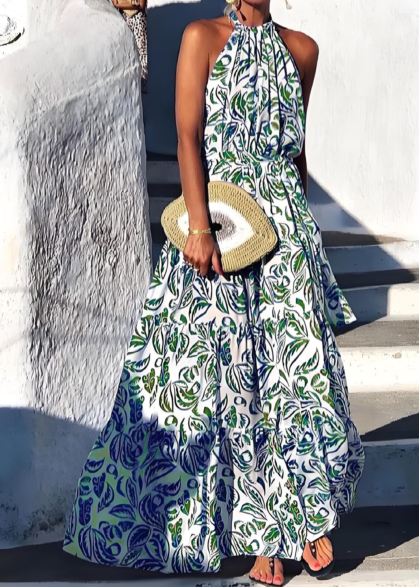Women's Italian Green Printed Cotton Holiday Beach Halter Dress Summer