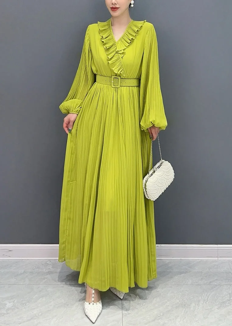 Women's Green V Neck Pleated Cotton Long Sleeve Dress Spring
