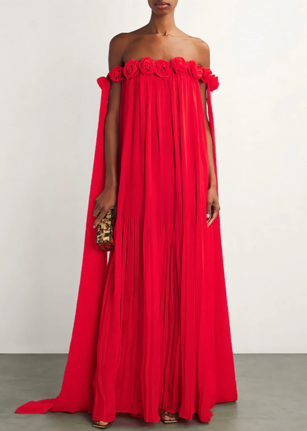 Wrinkled Cotton Long Dress with Red Slant Neck