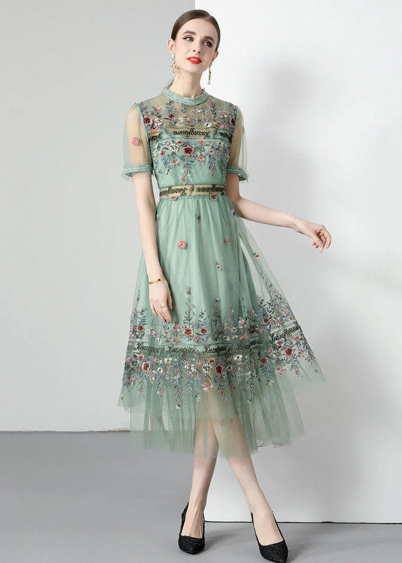 Italian Women's Light Green Ruffle Embroidered Ruched Tulle Dress