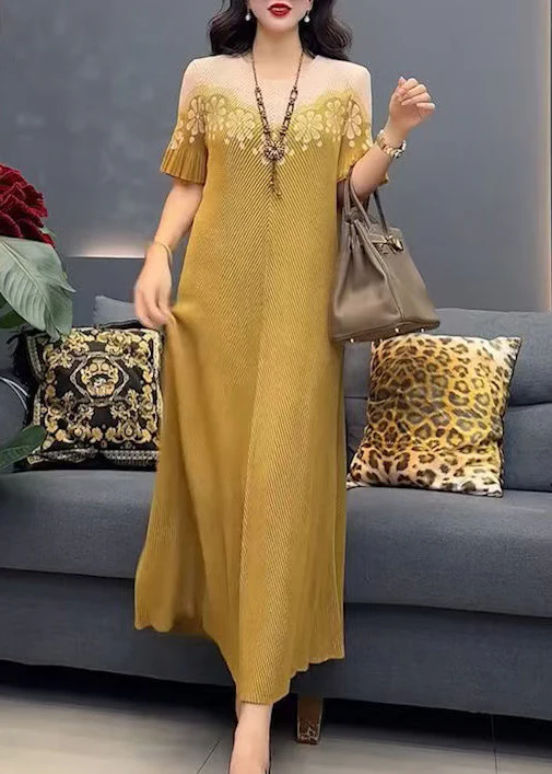 Yellow round neck printed cotton maxi dress