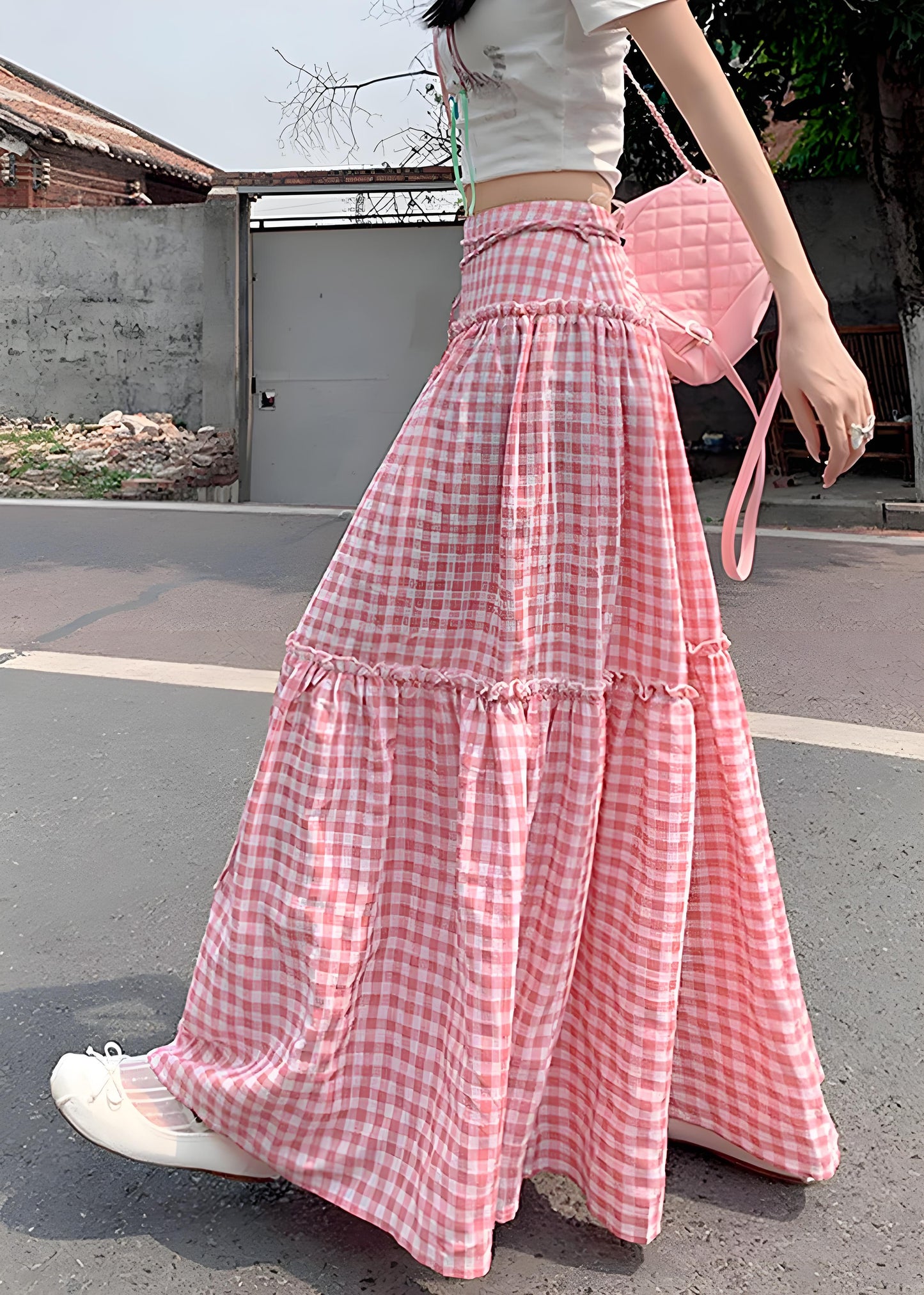 Women's Big Size Pink Ruffle Plaid Patchwork Cotton Half-body Skirt Summer